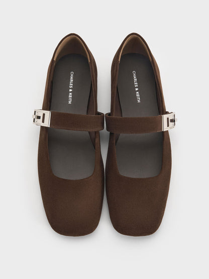 CHARLES & KEITH Value / Lando Faux Suede Mary Jane Flats - Dark Brown Textured