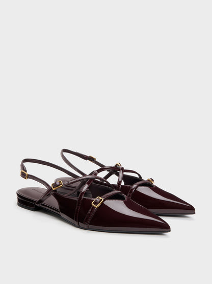 CHARLES & KEITH Everyday / Maybelle Patent Strappy Slingback Flats - Burgundy