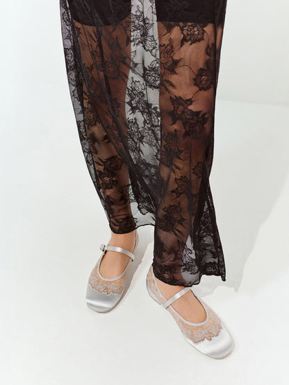 CHARLES & KEITH Everyday / Satin Embroidered-Mesh Mary Jane Flats - Silver