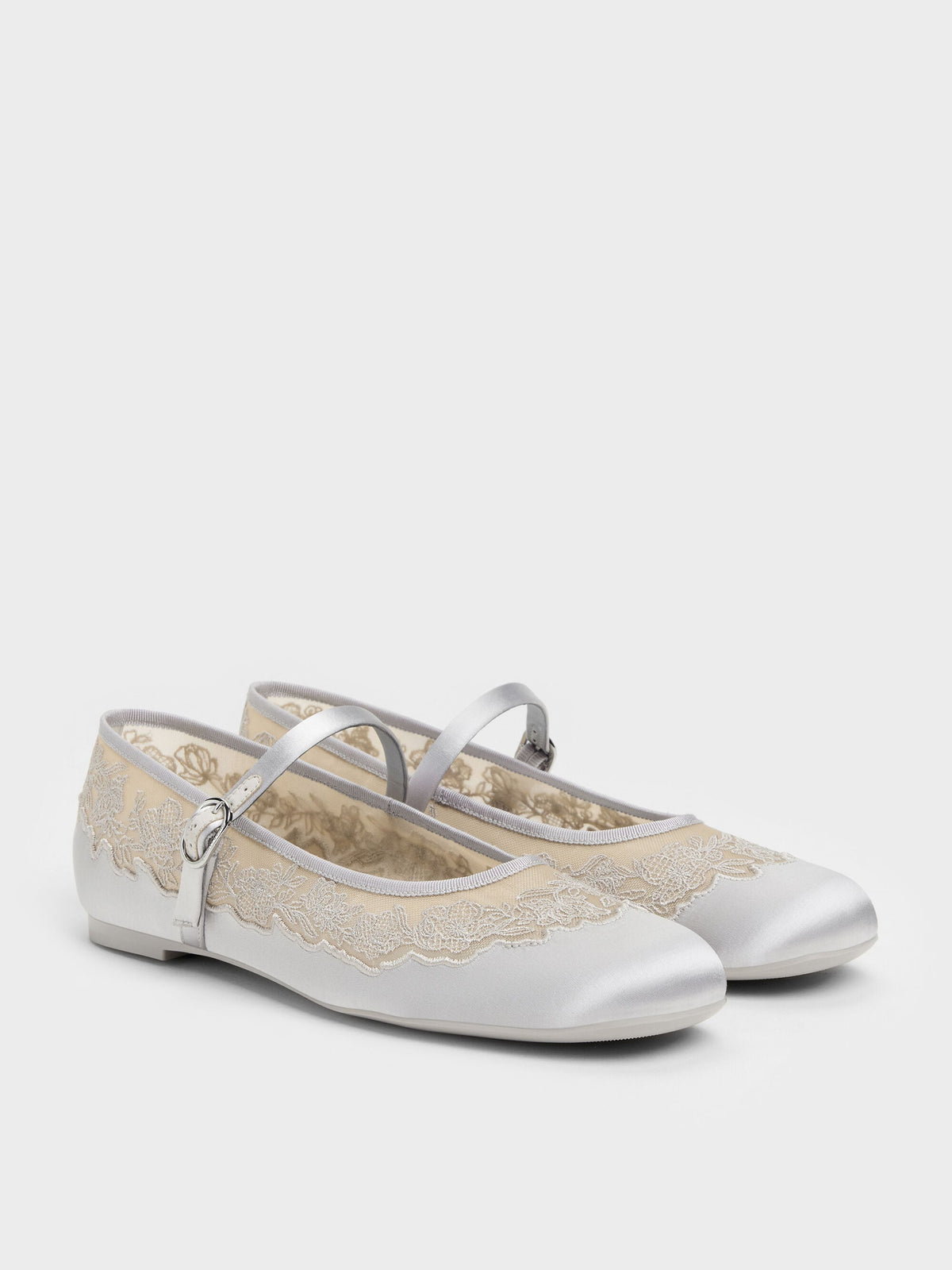 CHARLES & KEITH Everyday / Satin Embroidered-Mesh Mary Jane Flats - Silver