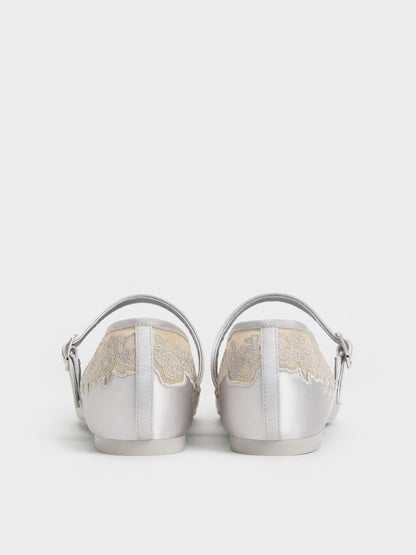 CHARLES & KEITH Everyday / Satin Embroidered-Mesh Mary Jane Flats - Silver
