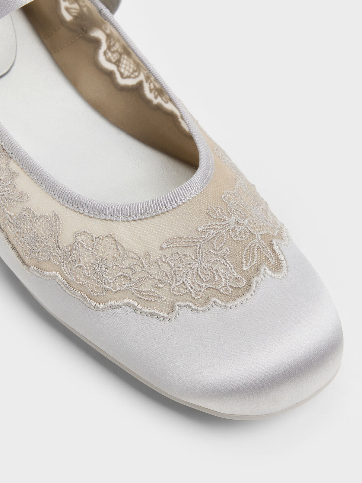 CHARLES & KEITH Everyday / Satin Embroidered-Mesh Mary Jane Flats - Silver