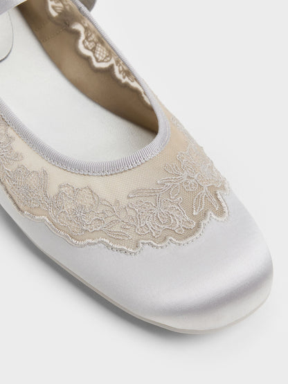 CHARLES & KEITH Everyday / Satin Embroidered-Mesh Mary Jane Flats - Silver