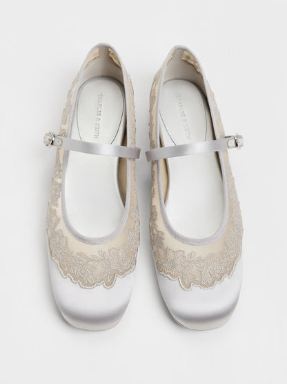 CHARLES & KEITH Everyday / Satin Embroidered-Mesh Mary Jane Flats - Silver