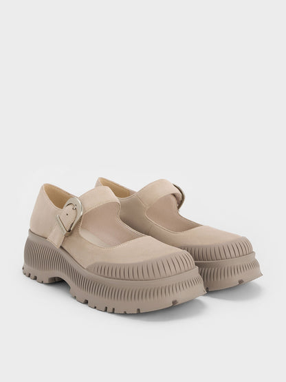 CHARLES & KEITH Value / Darra Faux Suede Platform Mary Janes - Beige