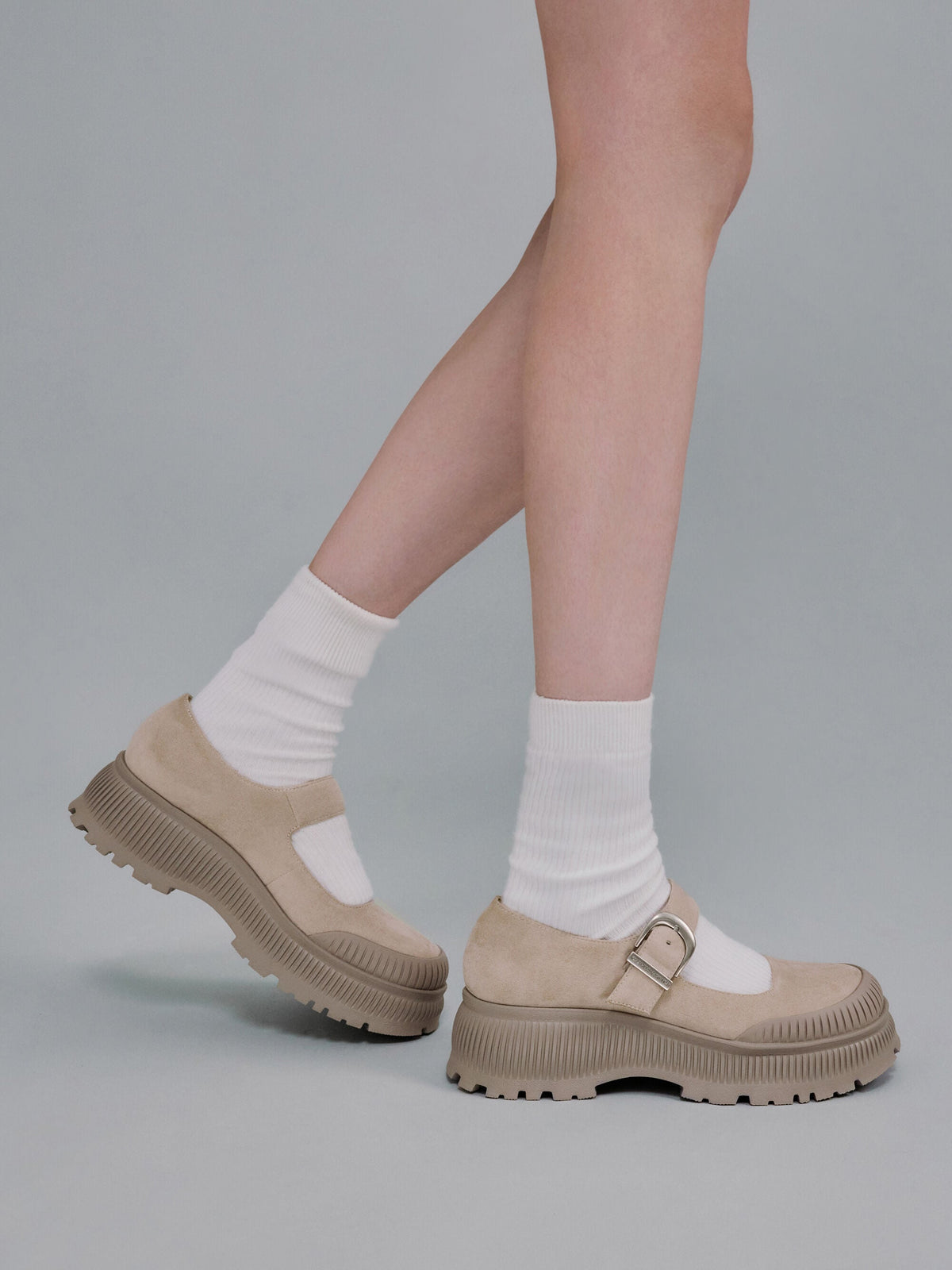 CHARLES & KEITH Value / Darra Faux Suede Platform Mary Janes - Beige