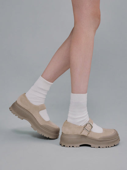 CHARLES & KEITH Value / Darra Faux Suede Platform Mary Janes - Beige