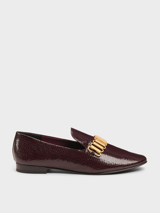 CHARLES & KEITH Premium / Snake-Print Metallic-Accent Loafers - Animal Print Burgundy