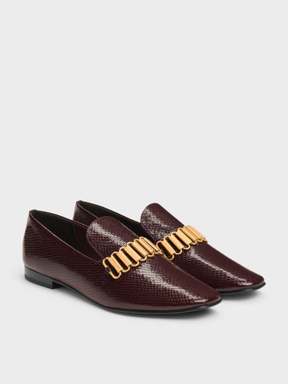 CHARLES & KEITH Premium / Snake-Print Metallic-Accent Loafers - Animal Print Burgundy