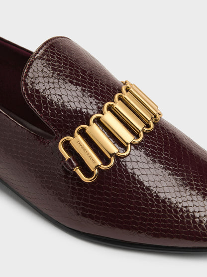 CHARLES & KEITH Premium / Snake-Print Metallic-Accent Loafers - Animal Print Burgundy