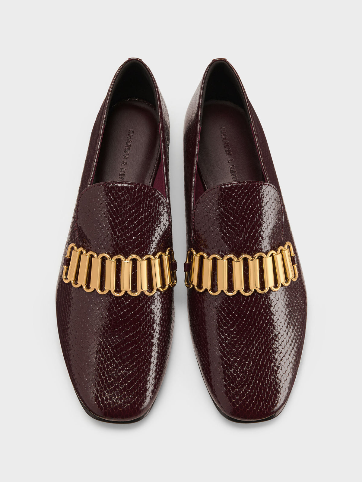 CHARLES & KEITH Premium / Snake-Print Metallic-Accent Loafers - Animal Print Burgundy