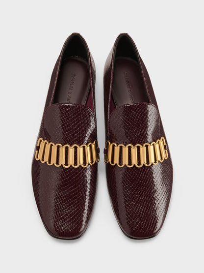 CHARLES & KEITH Premium / Snake-Print Metallic-Accent Loafers - Animal Print Burgundy