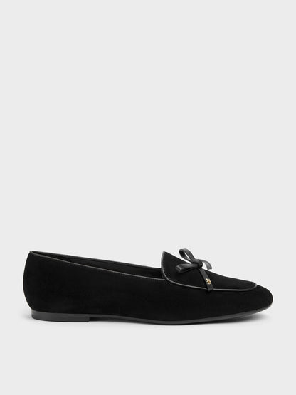 CHARLES & KEITH Great Value / Leather & Suede Bow Loafers - Black Textured