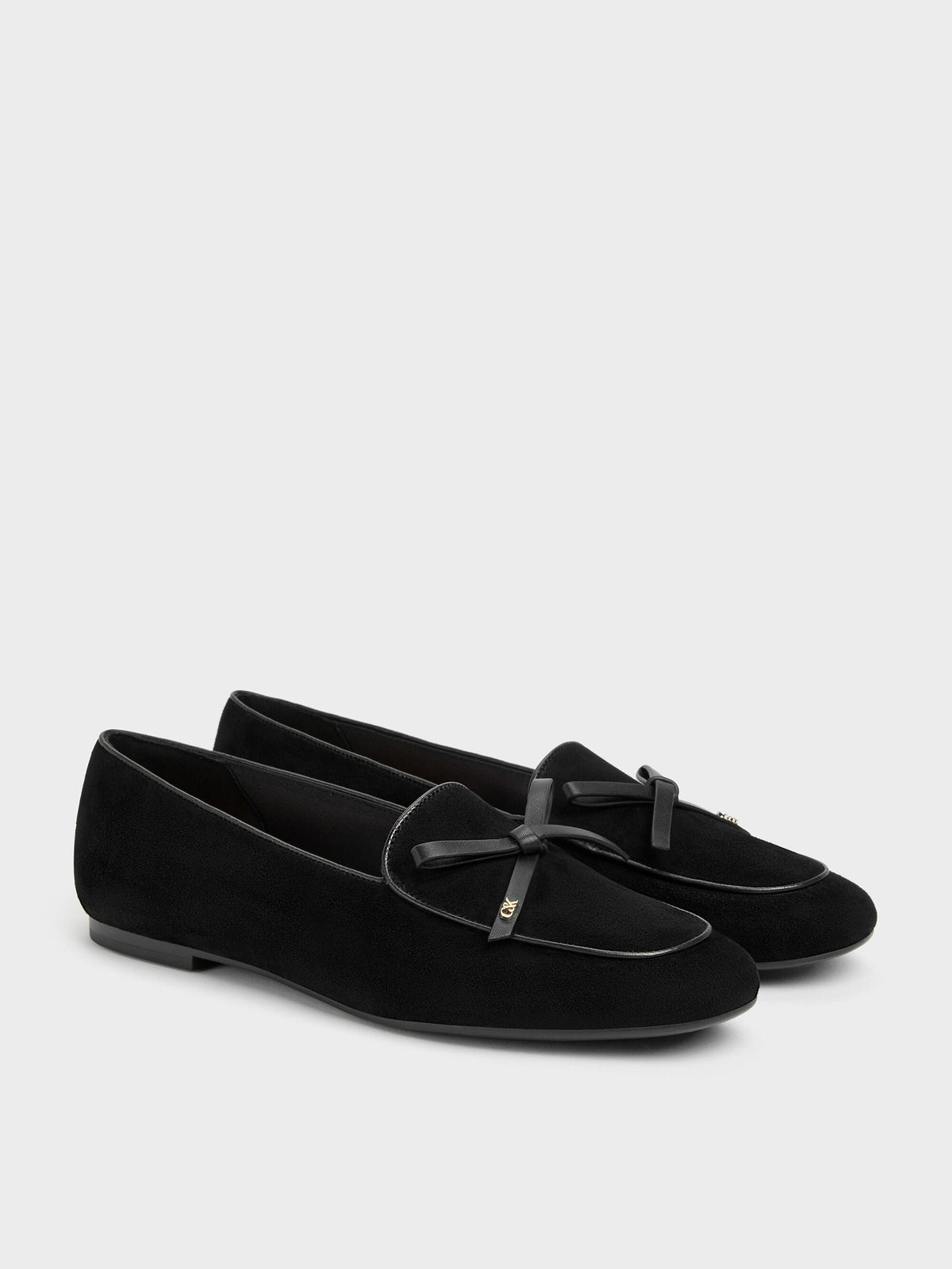 CHARLES & KEITH Great Value / Leather & Suede Bow Loafers - Black Textured