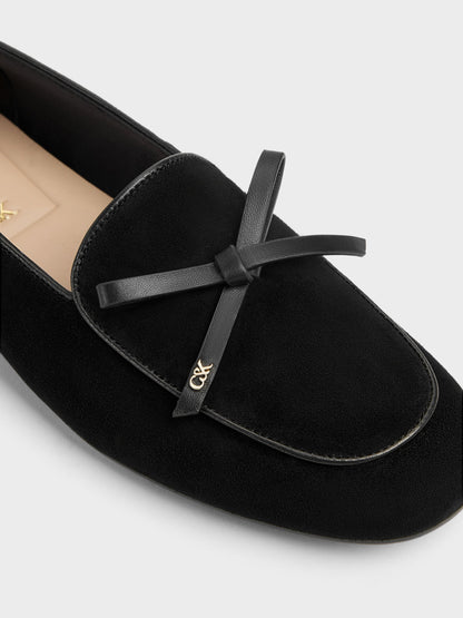 CHARLES & KEITH Great Value / Leather & Suede Bow Loafers - Black Textured
