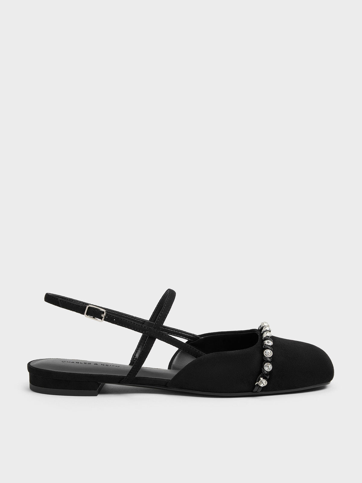 CHARLES & KEITH Latest / Faux Suede Crystal Slingback Flats - Black Textured