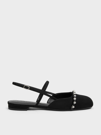 CHARLES & KEITH Latest / Faux Suede Crystal Slingback Flats - Black Textured