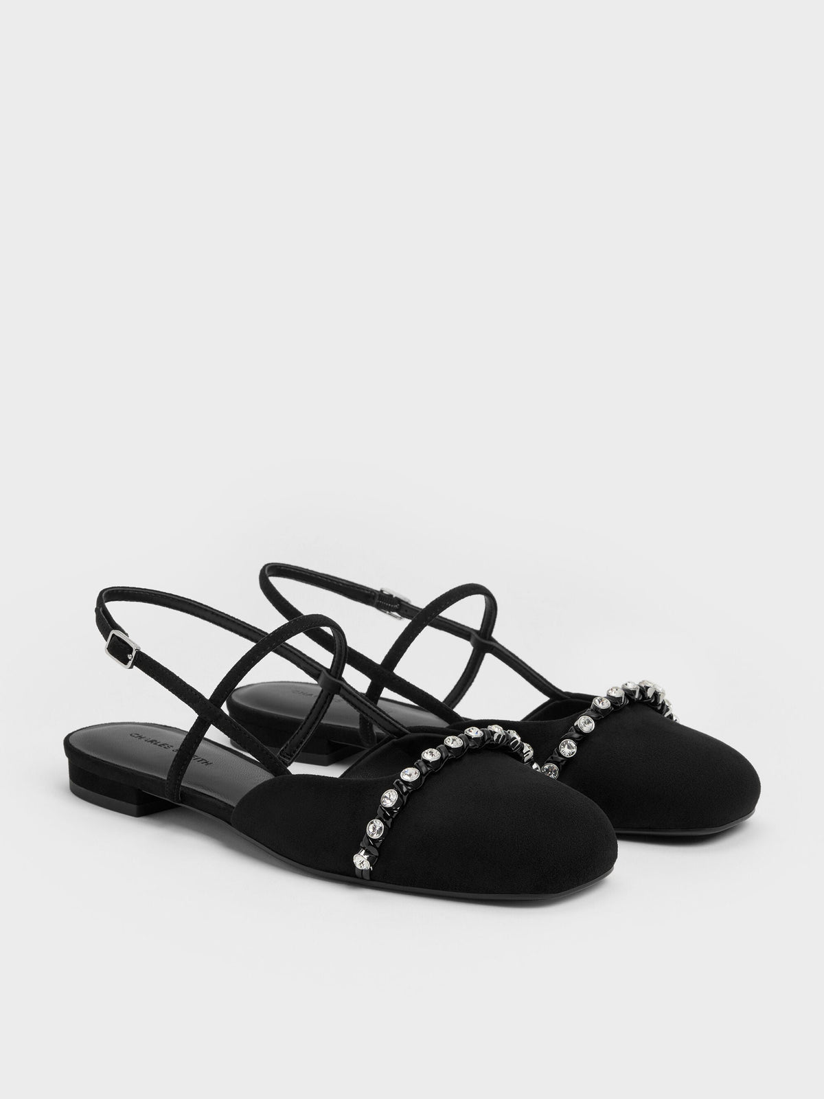 CHARLES & KEITH Latest / Faux Suede Crystal Slingback Flats - Black Textured