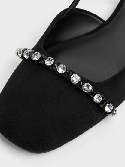 CHARLES & KEITH Latest / Faux Suede Crystal Slingback Flats - Black Textured