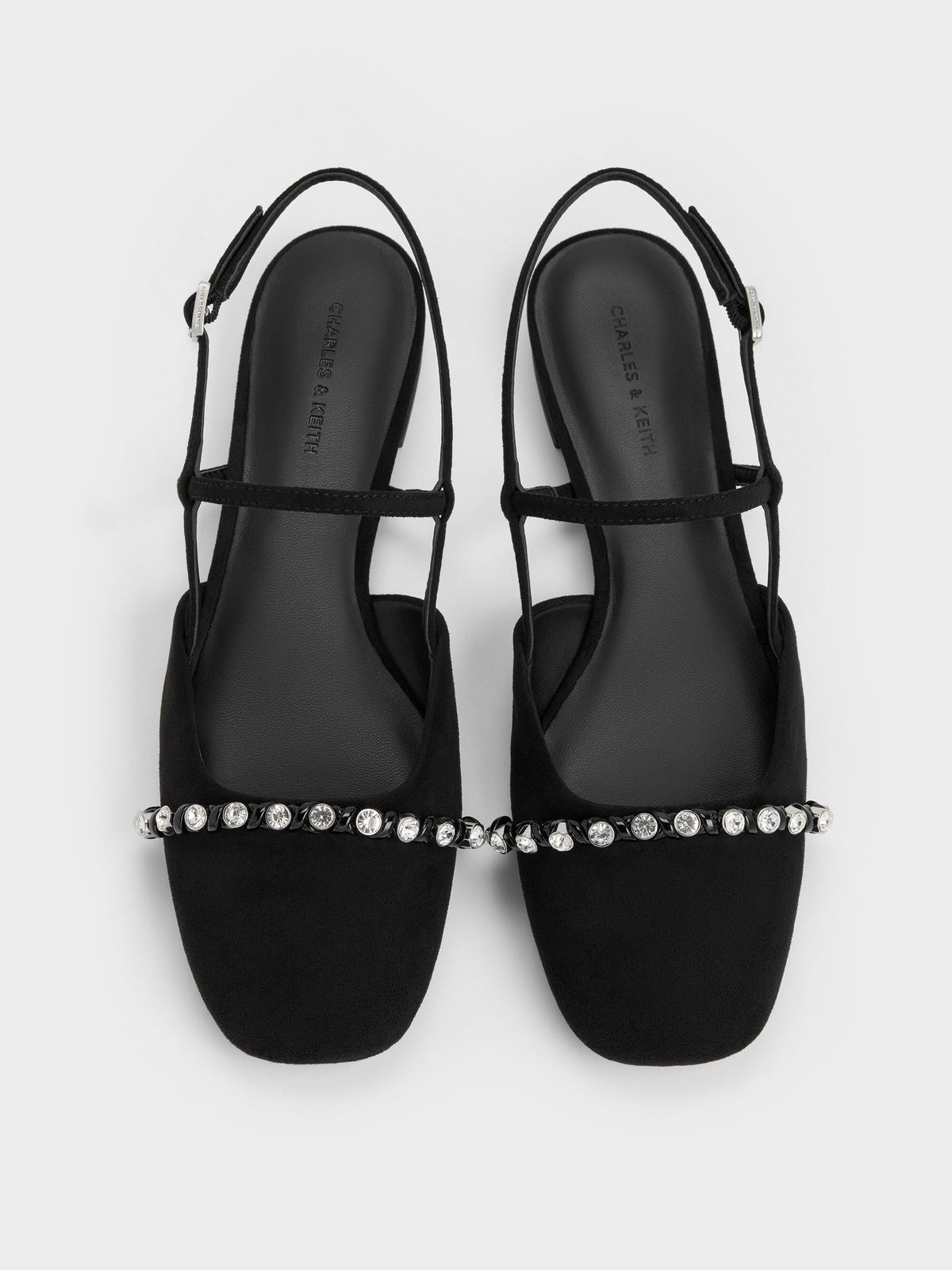 CHARLES & KEITH Latest / Faux Suede Crystal Slingback Flats - Black Textured