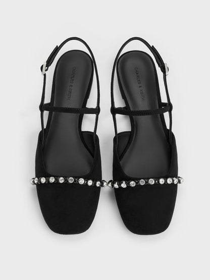 CHARLES & KEITH Latest / Faux Suede Crystal Slingback Flats - Black Textured