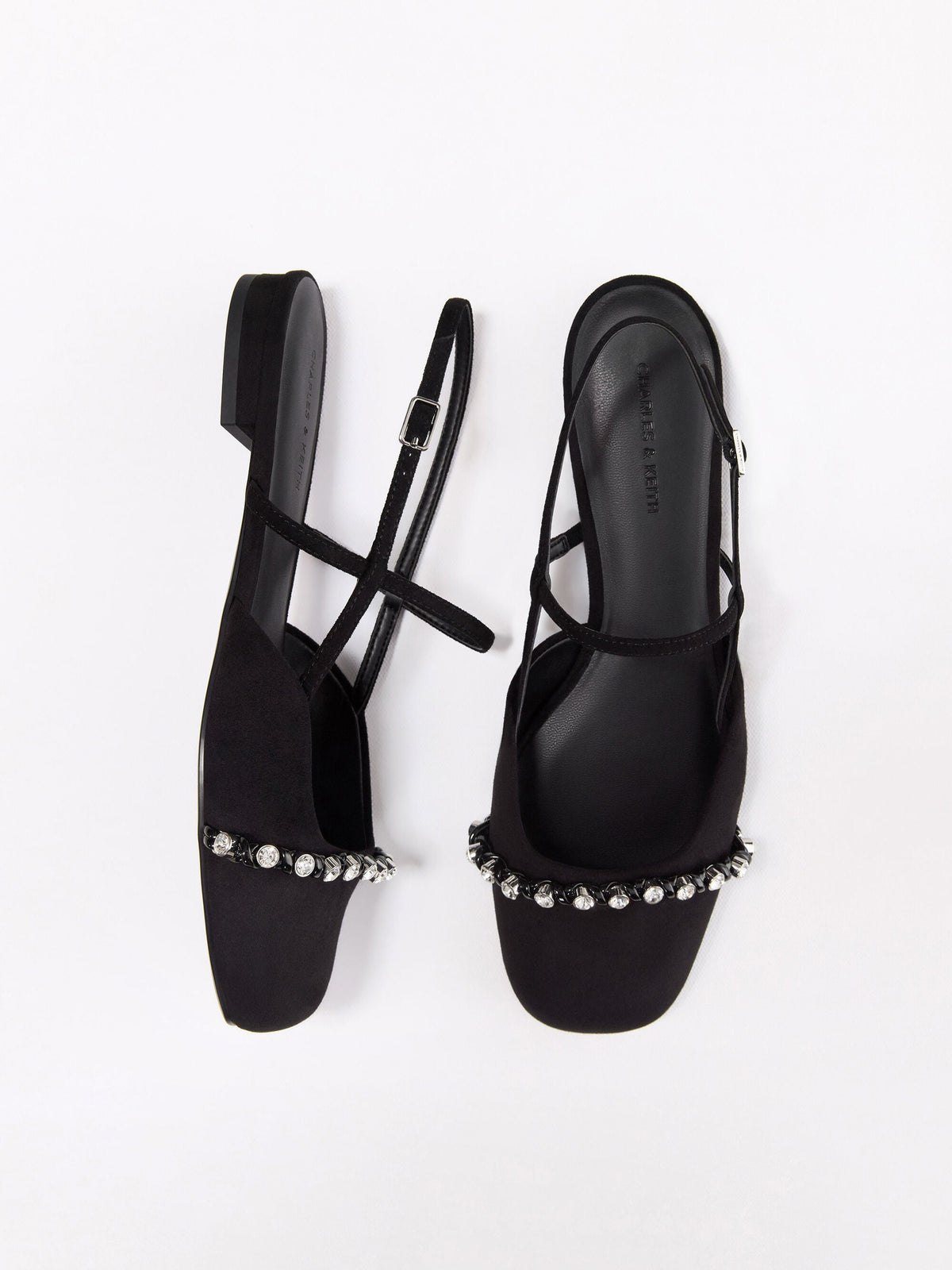 CHARLES & KEITH Latest / Faux Suede Crystal Slingback Flats - Black Textured