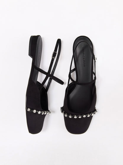 CHARLES & KEITH Latest / Faux Suede Crystal Slingback Flats - Black Textured