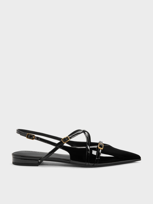 CHARLES & KEITH Smart Buy / Maybelle Patent Strappy Slingback Flats - Black Patent