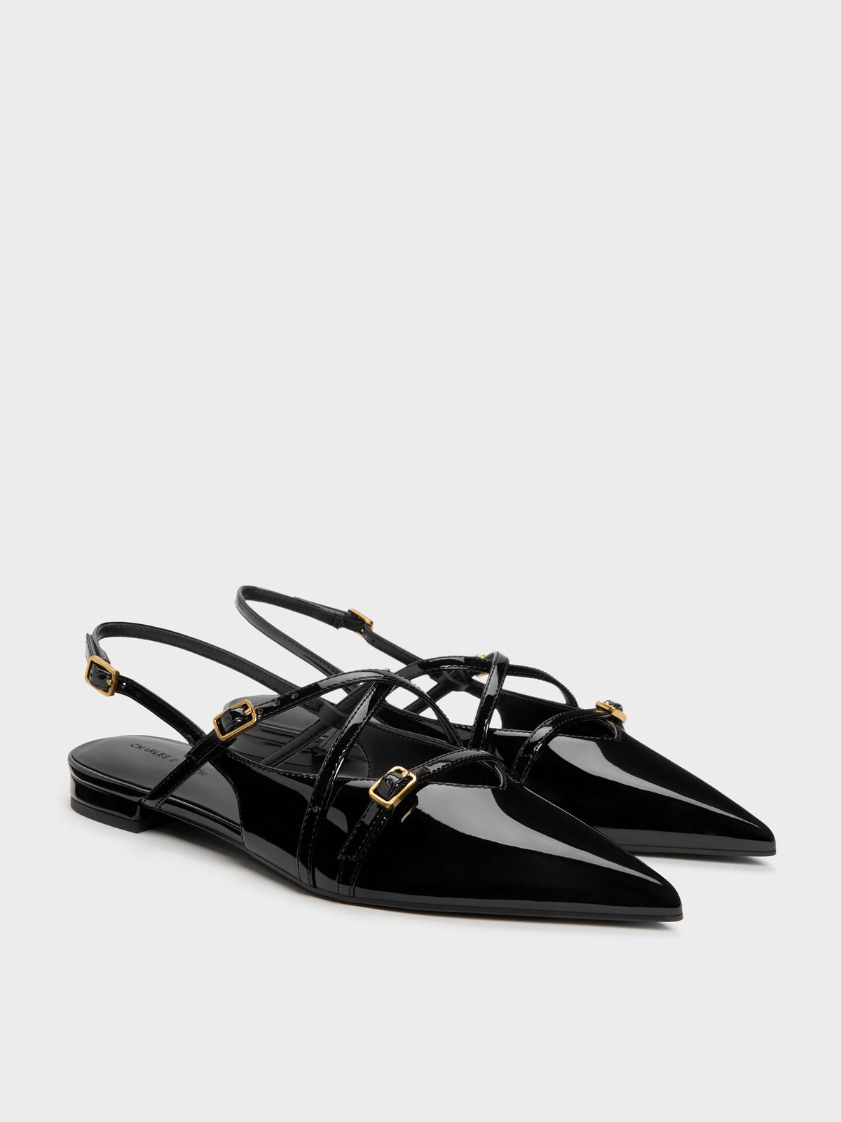 CHARLES & KEITH Smart Buy / Maybelle Patent Strappy Slingback Flats - Black Patent
