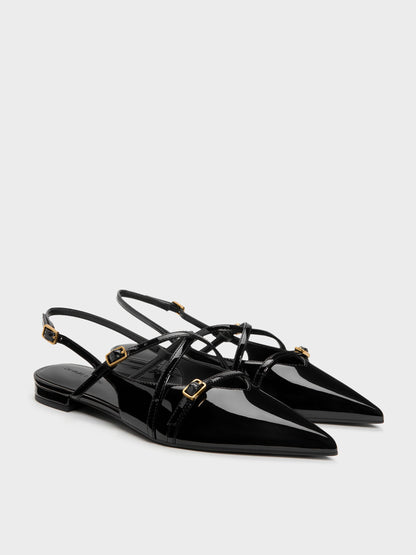 CHARLES & KEITH Smart Buy / Maybelle Patent Strappy Slingback Flats - Black Patent