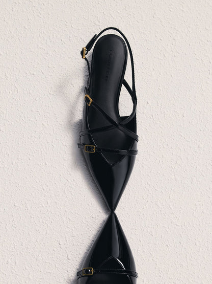 CHARLES & KEITH Smart Buy / Maybelle Patent Strappy Slingback Flats - Black Patent