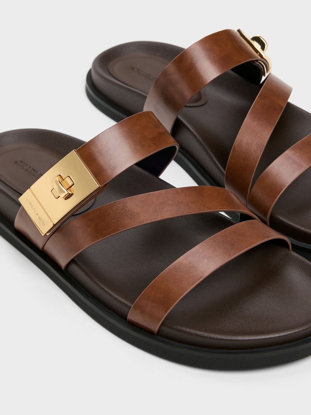 CHARLES & KEITH Exclusive / Aelin Metallic-Buckle Strappy Sandals - Cognac