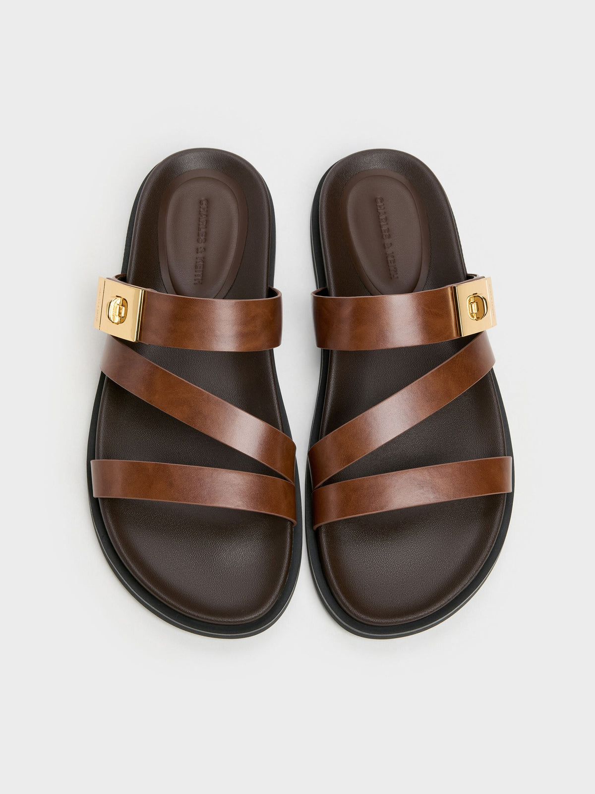 CHARLES & KEITH Exclusive / Aelin Metallic-Buckle Strappy Sandals - Cognac