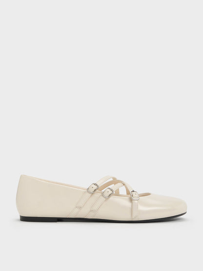 CHARLES & KEITH Best Price / Triple-Strap Mary Jane Flats - Chalk