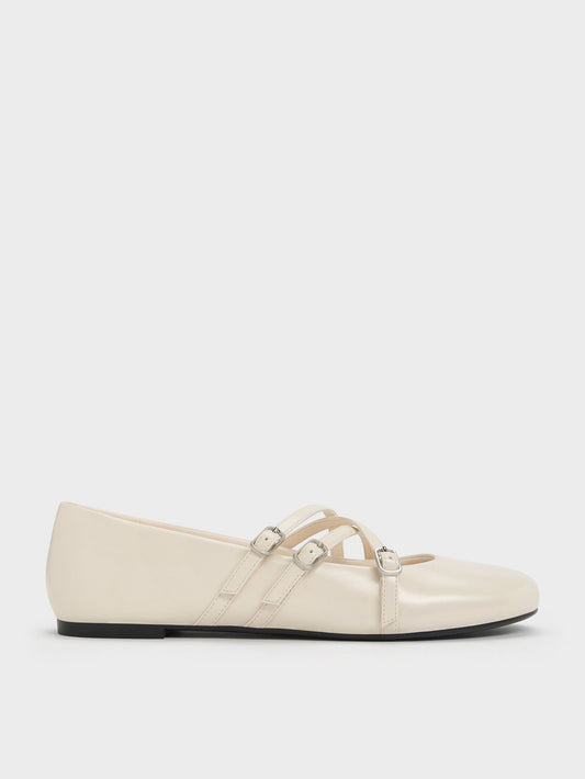 CHARLES & KEITH Best Price / Triple-Strap Mary Jane Flats - Chalk