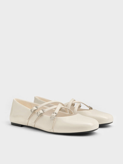 CHARLES & KEITH Best Price / Triple-Strap Mary Jane Flats - Chalk