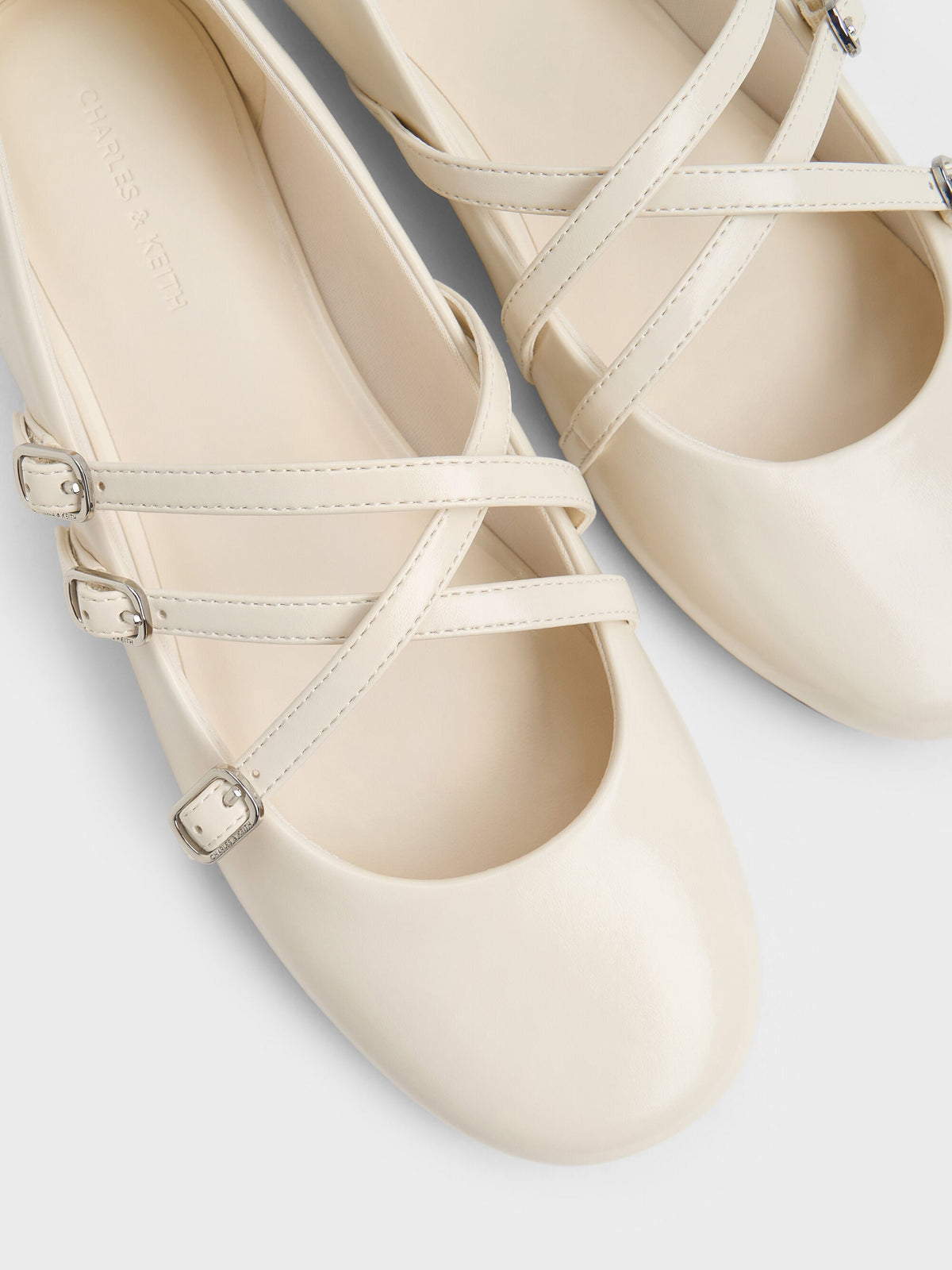 CHARLES & KEITH Best Price / Triple-Strap Mary Jane Flats - Chalk
