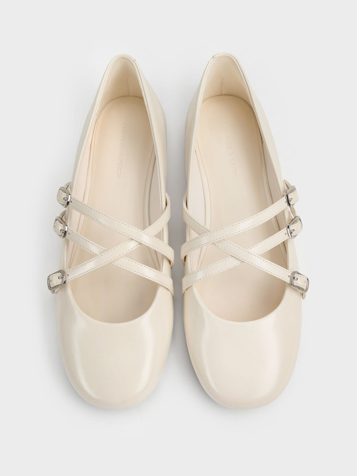 CHARLES & KEITH Best Price / Triple-Strap Mary Jane Flats - Chalk