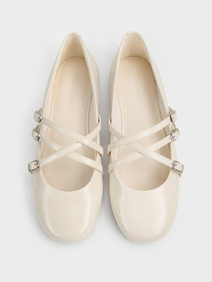 CHARLES & KEITH Best Price / Triple-Strap Mary Jane Flats - Chalk
