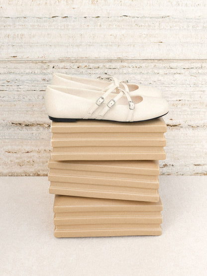 CHARLES & KEITH Best Price / Triple-Strap Mary Jane Flats - Chalk