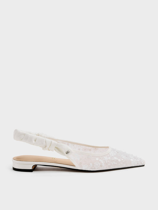 CHARLES & KEITH Best Seller / Tayari Embroidered-Mesh Slingback Flats - White