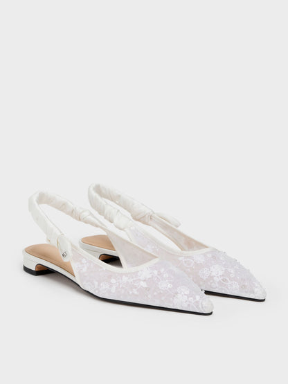 CHARLES & KEITH Best Seller / Tayari Embroidered-Mesh Slingback Flats - White