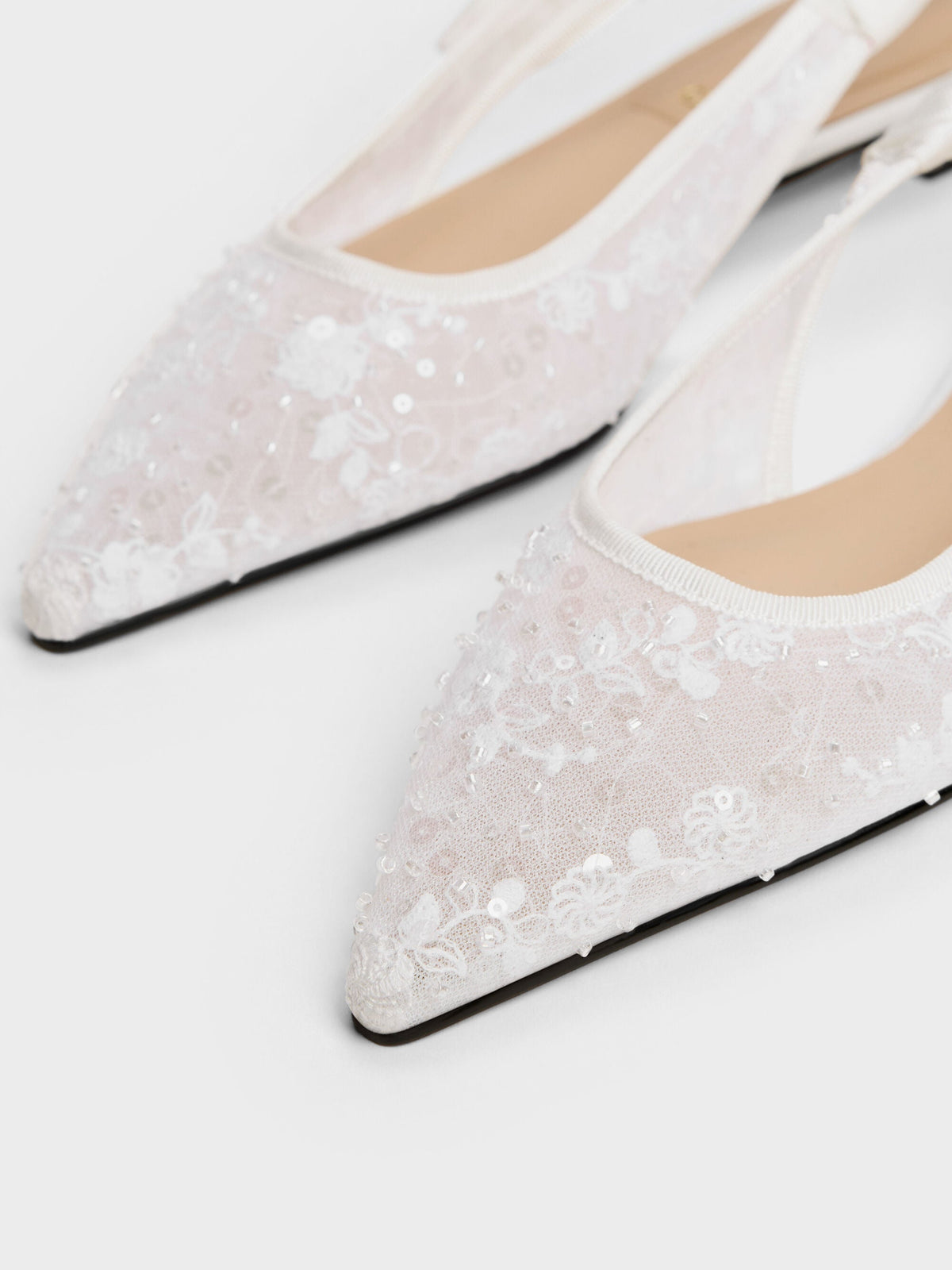 CHARLES & KEITH Best Seller / Tayari Embroidered-Mesh Slingback Flats - White