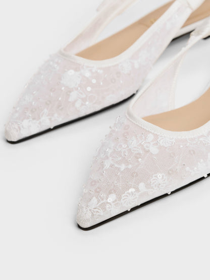 CHARLES & KEITH Best Seller / Tayari Embroidered-Mesh Slingback Flats - White