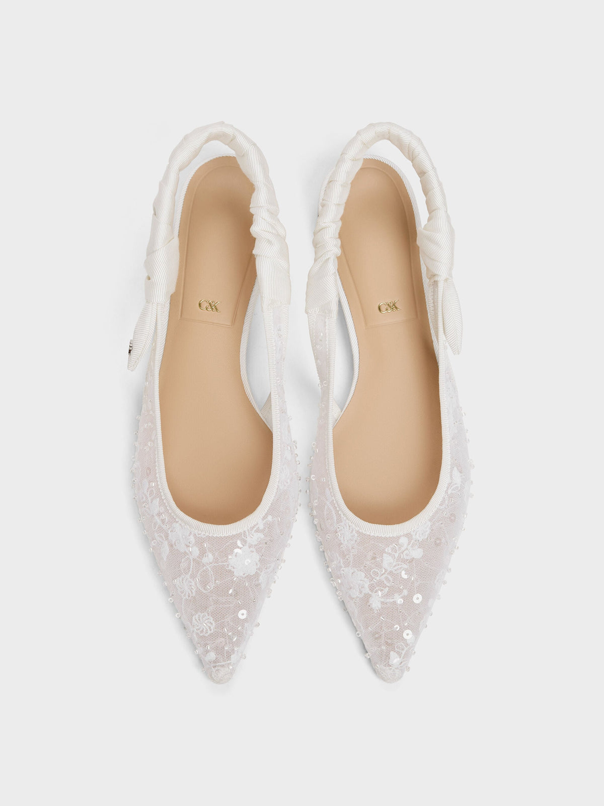 CHARLES & KEITH Best Seller / Tayari Embroidered-Mesh Slingback Flats - White