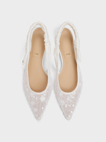 CHARLES & KEITH Best Seller / Tayari Embroidered-Mesh Slingback Flats - White