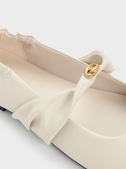 CHARLES & KEITH Latest / Metallic-Accent Twist-Strap Mary Jane Flats - Chalk