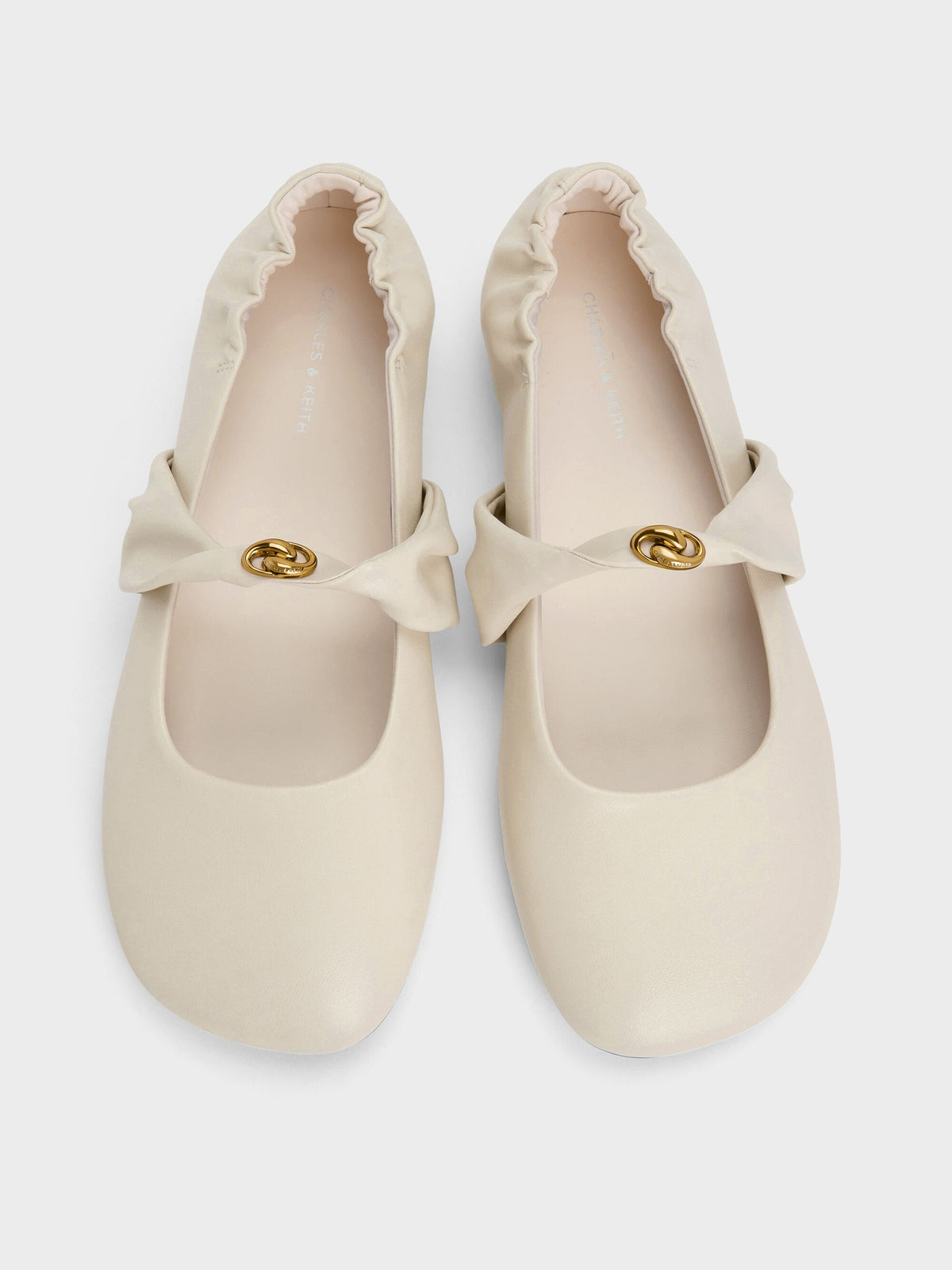 CHARLES & KEITH Latest / Metallic-Accent Twist-Strap Mary Jane Flats - Chalk