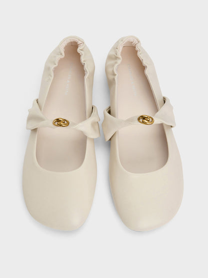 CHARLES & KEITH Latest / Metallic-Accent Twist-Strap Mary Jane Flats - Chalk