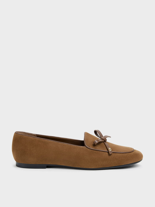 CHARLES & KEITH New / Leather & Suede Bow Loafers - Brown